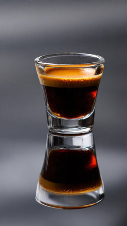 Black coffee in a shot glass on a dark background close-up