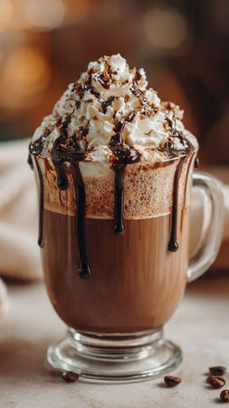 Hot chocolate with whipped cream and chocolate glaze in a glass cup