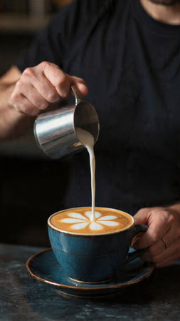 Barista pouring milk into cup of coffee latte art, closeup