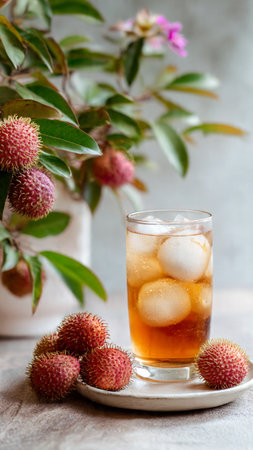 Fresh ripe rambutan fruit with ice cubes in glass on tableの写真素材