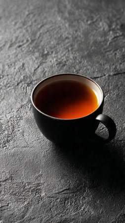 Cup of tea on dark background, closeup. Space for textの写真素材