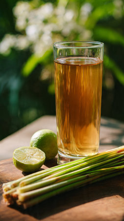 Glass of lemonade with lemons on wooden tableの写真素材