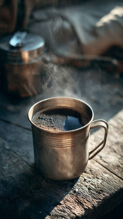 Coffee in a copper cup on the old wooden table.の写真素材
