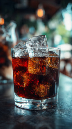 Glass of cola with ice cubes on the bar counter in barの写真素材