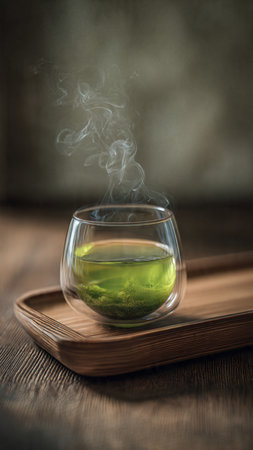 Glass of green tea with steam on a wooden tray on a dark backgroundの写真素材