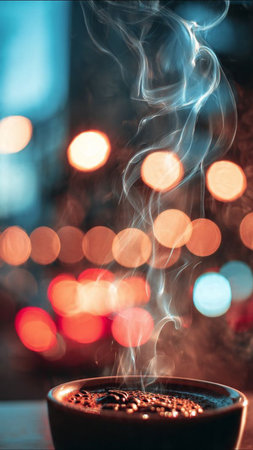 Coffee cup with smoke and bokeh lights on backgroundの写真素材