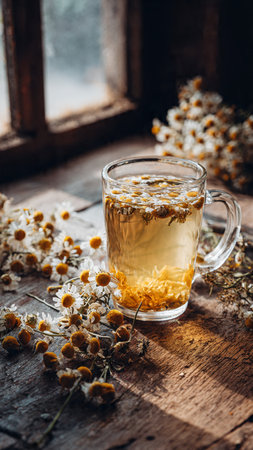 Herbal tea with chamomile flowers on rustic wooden backgroundの写真素材