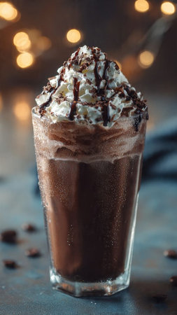 Hot chocolate with whipped cream and chocolate chips in a glass on a dark background