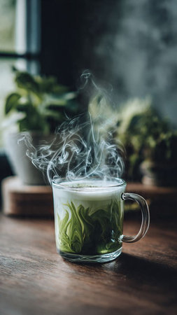 hot matcha latte with steam on wooden table in coffee shopの写真素材