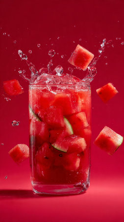 Watermelon in a glass with splashes of water on a red background