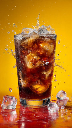 cola with ice cubes on a yellow background, close-up