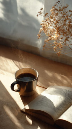 Cup of coffee with book and dry flowers on table in sunlightの写真素材
