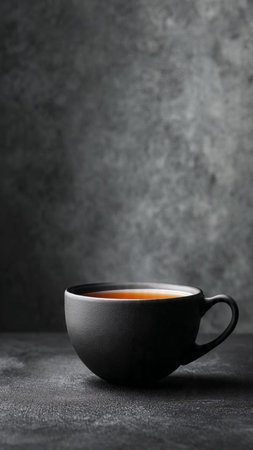 Black cup of tea on dark background. Copy space for your textの写真素材