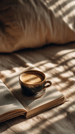 Cup of coffee and book on the bed in the morning sunlightの写真素材