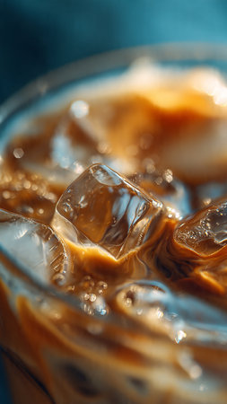 Iced coffee with ice cubes on blue background. Close up.
