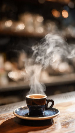 A cup of coffee on a wooden table in a cafe, shallow depth of fieldの写真素材