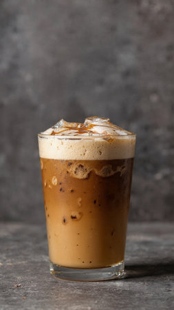 Iced coffee with milk in a tall glass on a dark background