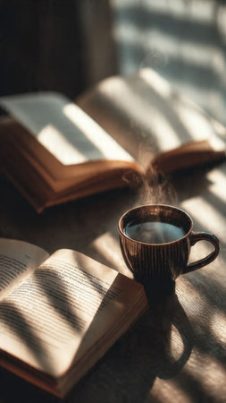 Cup of coffee with book on wooden table and sunlight through window