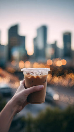 Iced coffee in a disposable cup on the background of the city.の写真素材