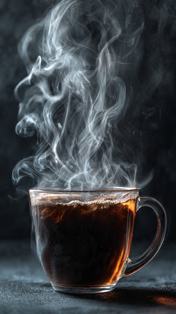 Cup of hot coffee with steam on dark background, close upの写真素材
