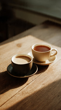 Coffee cup on wooden table in coffee shop, stock photoの写真素材
