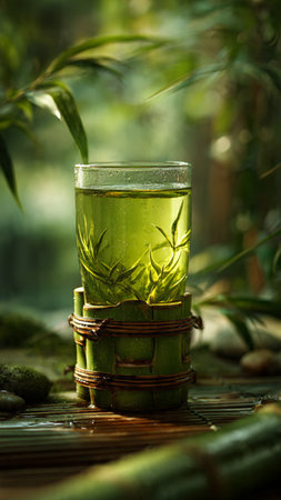 Green tea in glass with bamboo on bamboo mat and green leaves backgroundの写真素材