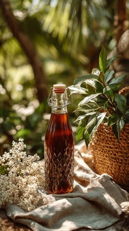 Essential oil in a glass bottle on a background of green plantsの写真素材