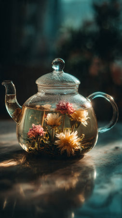 Herbal tea in a glass teapot on a dark backgroundの写真素材