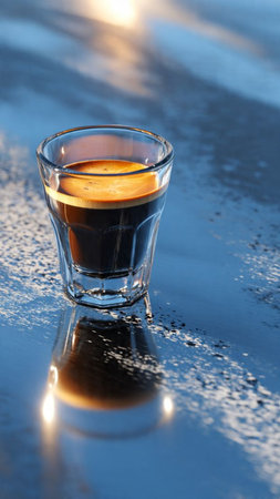 Espresso in a glass on a dark background with reflection.の写真素材