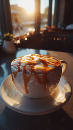 Coffee cup with caramel sauce on the table in coffee shopの写真素材