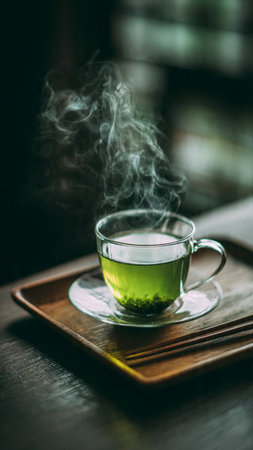Hot green tea in a glass cup on a wooden tray, stock photoの写真素材