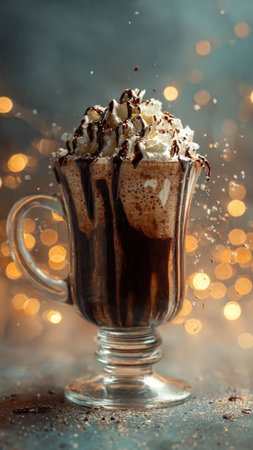 Hot chocolate with whipped cream in a glass on a dark background with bokeh