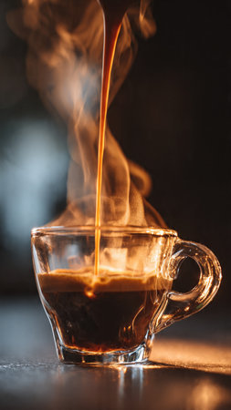 Coffee in a glass cup on a dark background with smokeの写真素材