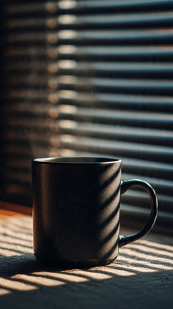 Black coffee cup on window sill with blinds. Selective focus.の写真素材