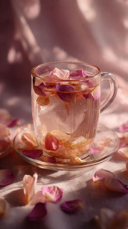 Cup of tea with rose petals on a pink background.の写真素材