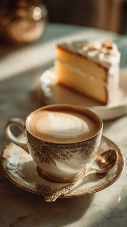 Coffee cup and cake on white marble table. Selective focus.
