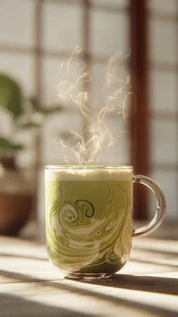 Cup of matcha latte on wooden table, closeup