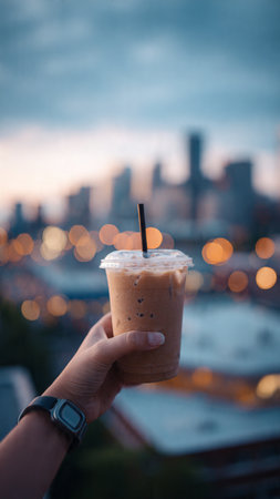 Iced coffee with milk in hand and cityscape in the backgroundの写真素材