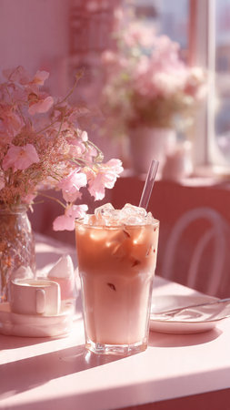 Iced coffee in a glass on a table in a cafe.の写真素材