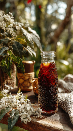 Iced black tea in a glass jar on a wooden table.の写真素材
