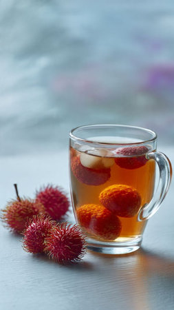 Tropical fruit tea with rambutan and cherry, selective focusの写真素材