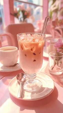 Iced coffee with milk in a glass on a table in a cafeの写真素材