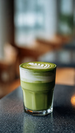 Green tea latte art on the table in coffee shop, stock photoの写真素材