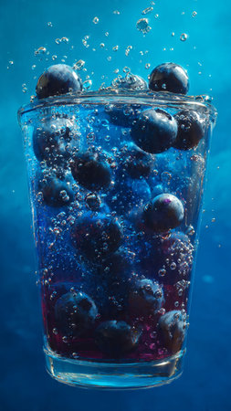 Blueberries in a glass with water splashes on a blue backgroundの写真素材