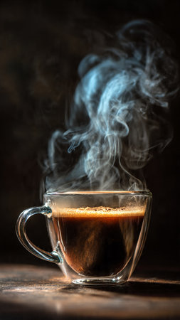 Cup of coffee with smoke on dark background. Selective focus.の写真素材