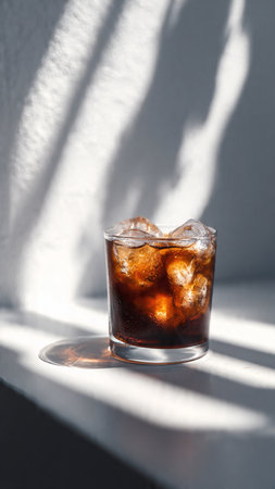 Glass of cola with ice cubes on a white table in sunlight