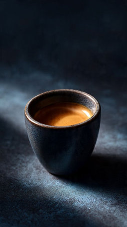 Espresso coffee in a ceramic cup on a dark background.の写真素材