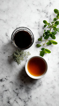 Cup of black tea with fresh oreganole backgroundの写真素材