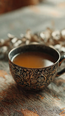 Cup of tea on a wooden background. Selective focus.の写真素材