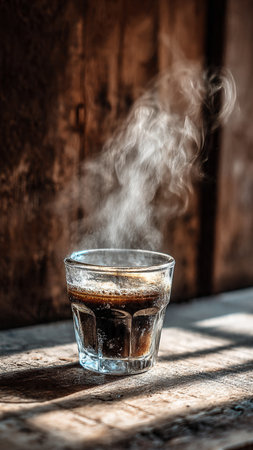 Glass of cold brew coffee with steam on wooden table in sunlight.の写真素材